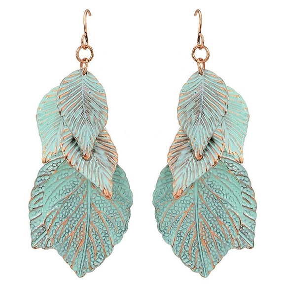 Faux Patina Leaf Drop Earrings NWOT - Picture 6 of 7